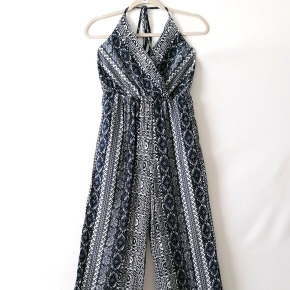 Tobi Womens Blue & White Halter Neck Ethnic Print Straight Leg Jumpsuit Size S - Picture 1 of 7